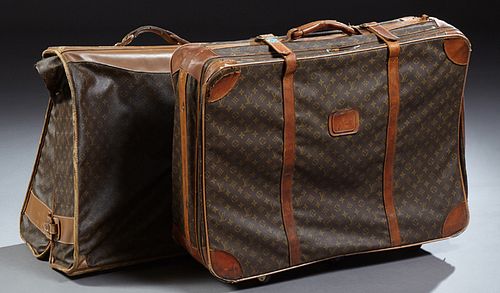 Two Vintage Louis Vuitton Suitcases, with the &quot;LV&quot; logo, one a folding hanging garment bag; the ...