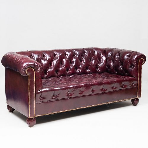 Brass Studded Tufted Maroon Leather, Studded Leather Sofa