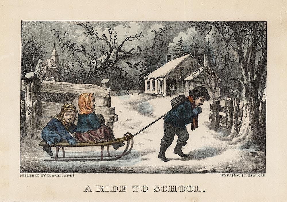 A Ride To School Original Small Folio Currier Ives Lithograph