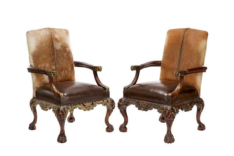 Pair Louis Xiii Style Cowhide Throne Chairs By Ahlers Ogletree