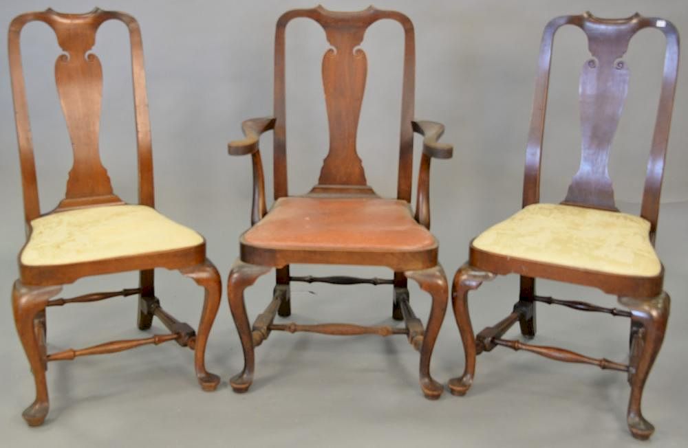 Set Three Wallace Nutting Walnut Queen Anne Style Chairs One Arm